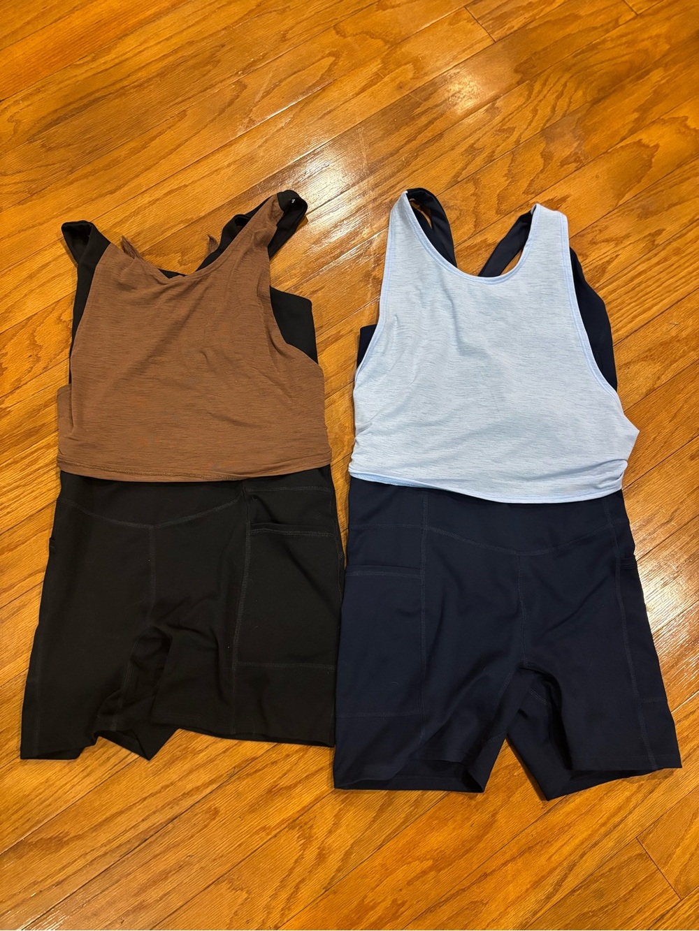 Anthropologie Pair of Athletic Romper Sets in Brown and Light Blue